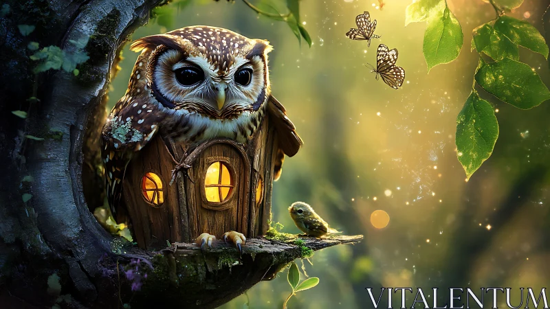 Whimsical Owl in Treehouse with Butterflies, Fantasy Art Scene.