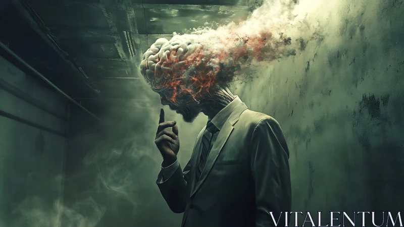 Suit-wearing figure with exposed brain emitting smoke in hall.