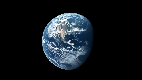 Earth viewed from space showing Americas against black void.