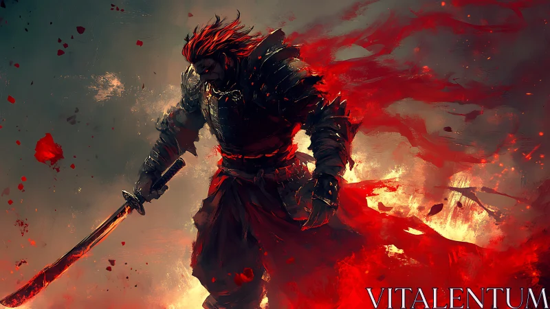 Armored fire warrior with bloodlit katana amid blazing embers