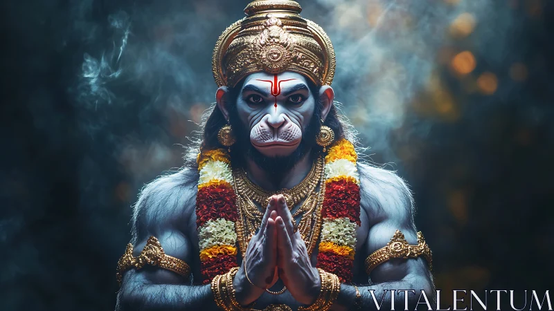 Divine simian deity portrait with ornate golden regalia.
