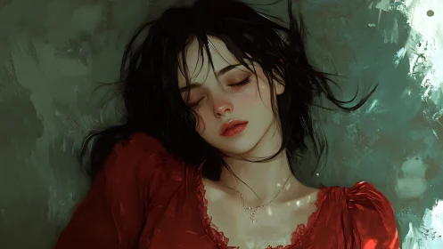 Sleeping woman in red dress under diffuse teal light.