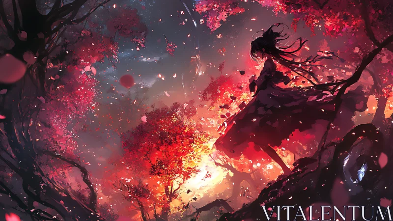 Silhouetted figure in red forest under glowing sky at dusk.