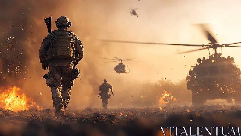 Battlefield soldiers advance through smoke, fire, and dust.