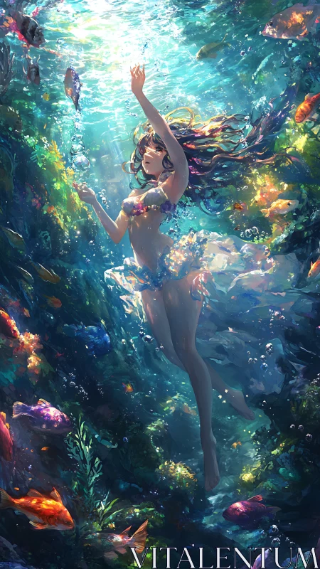Underwater figure amid colorful fish and filtered light.