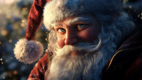 Santa’s twinkling blue eyes glow in warm festive light.
