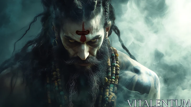 Intense ascetic figure with beads in swirling smoke scene.