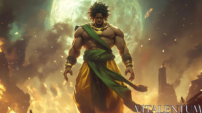 Muscular figure stands before moon amid burning ruins