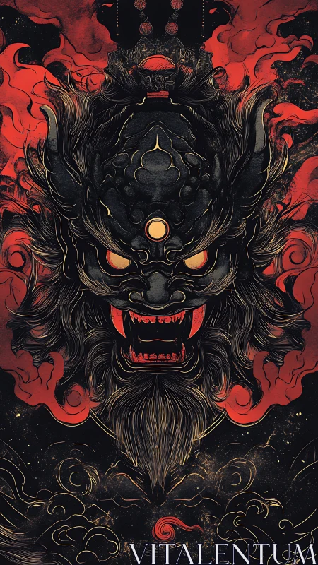 Ornate demonic mask emerges from swirling crimson smoke