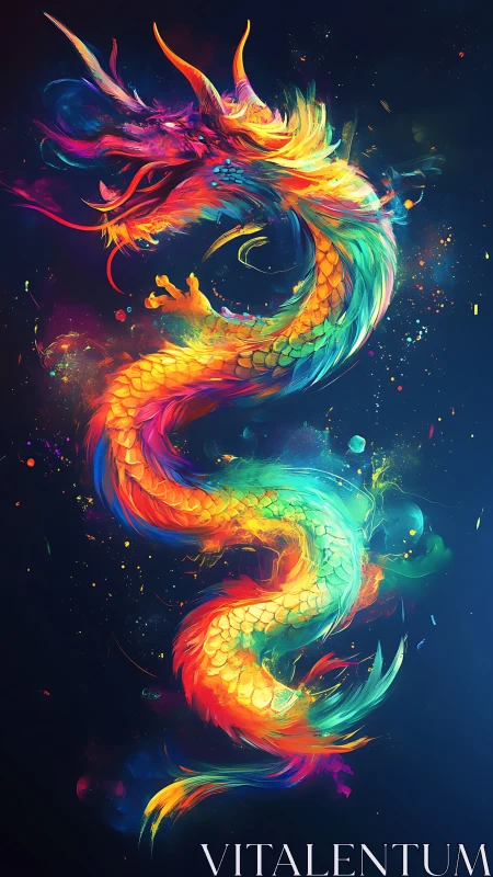 Prismatic dragon coils through luminous cosmic darkness.