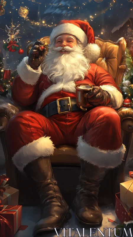 Cozy Santa savoring cocoa in a glowing Christmas corner.