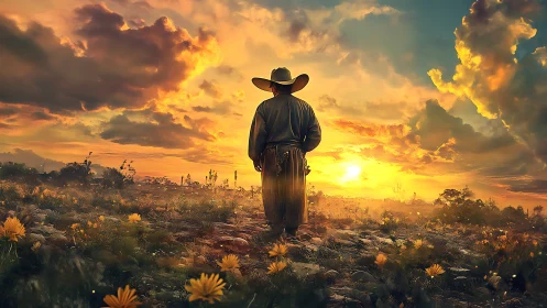 Cowboy silhouette in luminous wildflower sunset field.