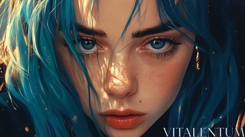 Blue-haired portrait captures intense freckled gaze in light.