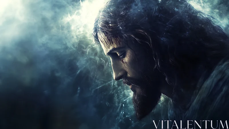 Sorrowful robed figure bows in ethereal, mist-filled light