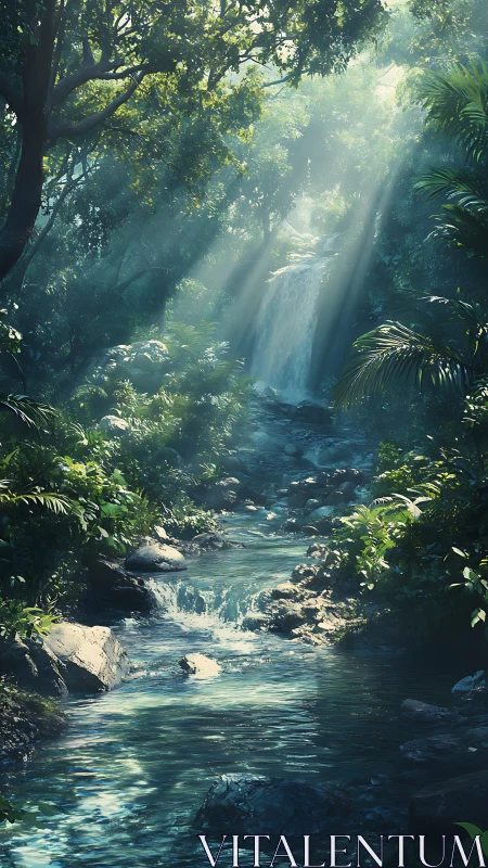 Cascade through verdant canopy: photorealistic waterfall scene.