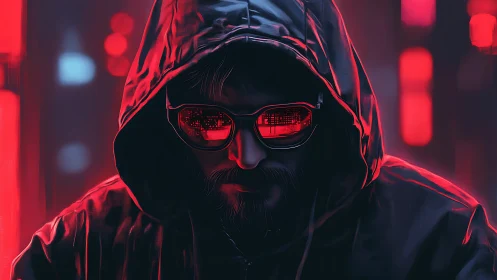 Hooded cyberpunk hacker with neon red reflections in shades.