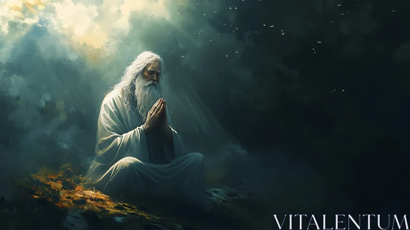 Elderly robed figure seated in prayer under diffuse light.