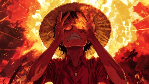 Straw hat anime figure shielding eyes before intense flames.