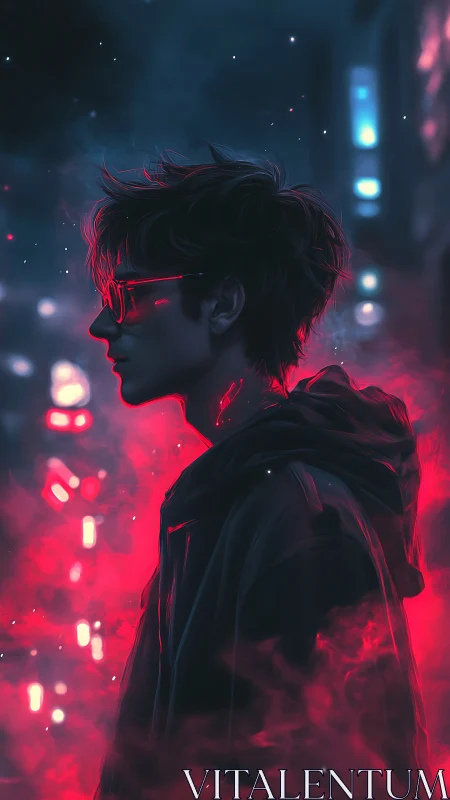 Side profile digital portrait in neon red and blue light.