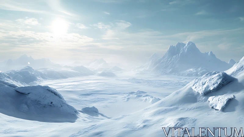 High-latitude frozen mountain basin under diffuse polar sun