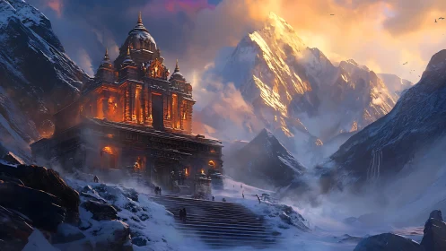 Mountain temple burns warmly against stormlit frozen peaks