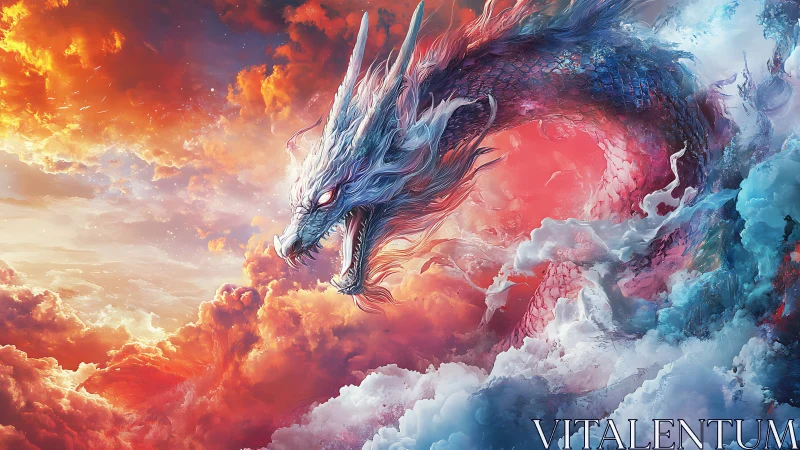 Celestial dragon coils through stormy sunset clouds in flight.