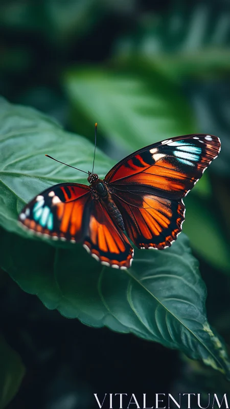 Gentle butterfly rests on lush leaf in a calm green garden