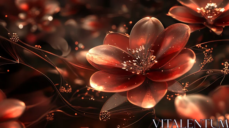 Glowing copper blossoms drifting through a dreamy twilight.