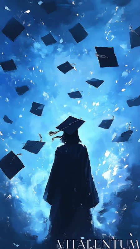 Graduate silhouette under soaring caps in luminous blue sky.