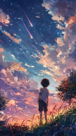Stargazing child beneath a dreamy meteor-kissed sky.