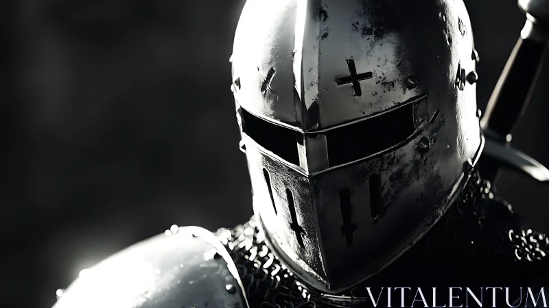 Helmeted medieval knight rendered in high contrast lighting