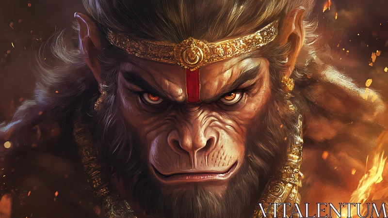 Mythic warrior ape glows amid burning embers and gold