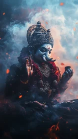 Ganesha statue rendered in smoky, glowing digital lighting