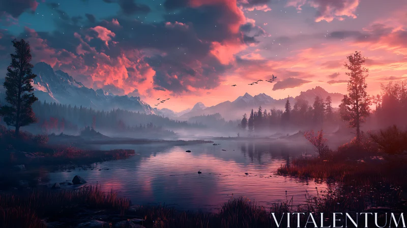 Digital painting of alpine lake at cinematic twilight horizon.