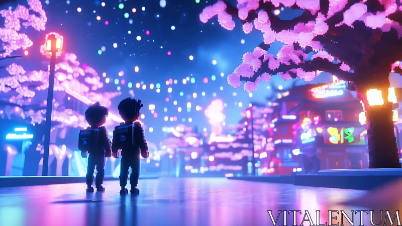 Voxel kids under neon sakura in cinematic night cityscape.