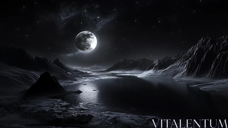 Lunar-lit water body extends between rugged, dark mountains