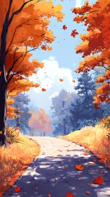 Tree-lined path with autumn foliage under clear sky.