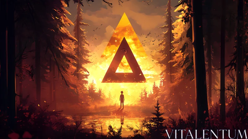 Child confronts glowing impossible triangle in burning forest