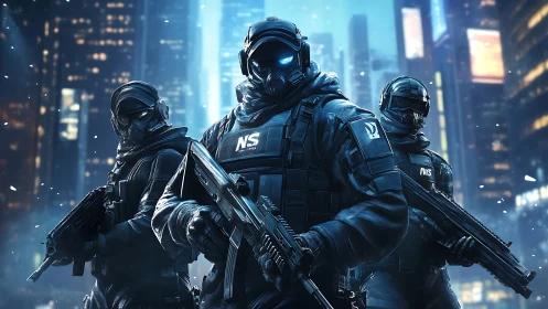 Tactical soldiers stand armed in snowy futuristic city street