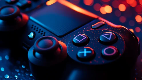 Neon-lit PlayStation controller glows amid bokeh lights.