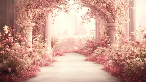 Dreamy blossom archway leading into a soft pink wonderland.