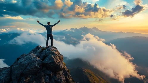 Hiker celebrates sunrise triumph on a cloud-wreathed peak