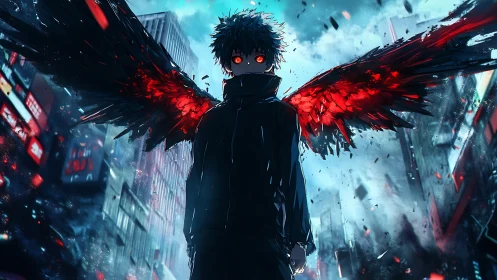Dark winged anime figure over ruined neon cityscape.