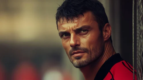 Serious athletic man in red sports jersey close portrait.