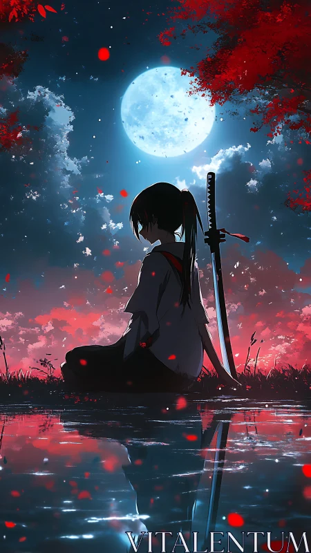 Quiet moonlit samurai girl resting beside a calm river.