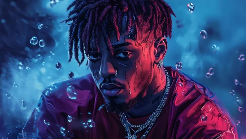 Neon drenched portrait of brooding rapper underwater night.