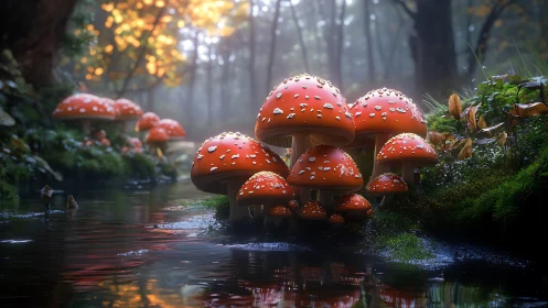 Clustered fly agaric mushrooms rendered beside reflective forest stream