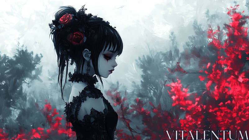 Gothic female profile in red and black forest setting.