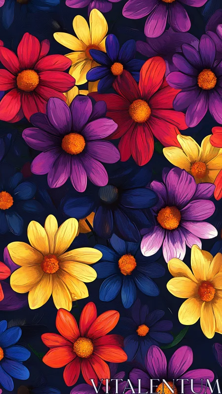 Vibrant Botanical Ensemble: Digital Floral Illustration on Deep Navy Ground.