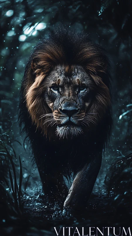 Nocturnal lion stride in rain-soaked jungle corridor, frontal